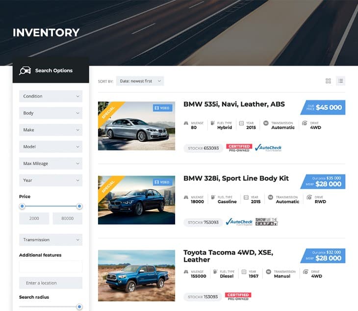 Motors - Car Dealer, Rental & Classifieds WordPress theme listing layouts