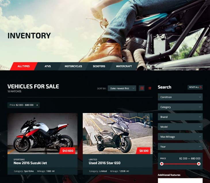 Motors - Car Dealer, Rental & Classifieds WordPress theme listing layouts