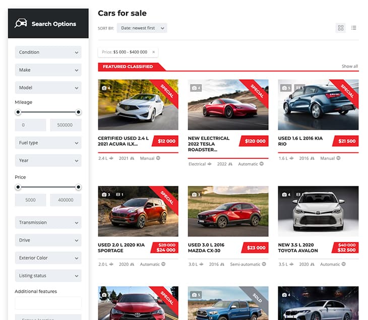 Motors - Car Dealer, Rental & Classifieds WordPress theme listing layouts