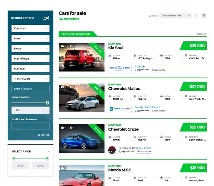 Motors - Car Dealer, Rental & Classifieds WordPress theme listing layouts