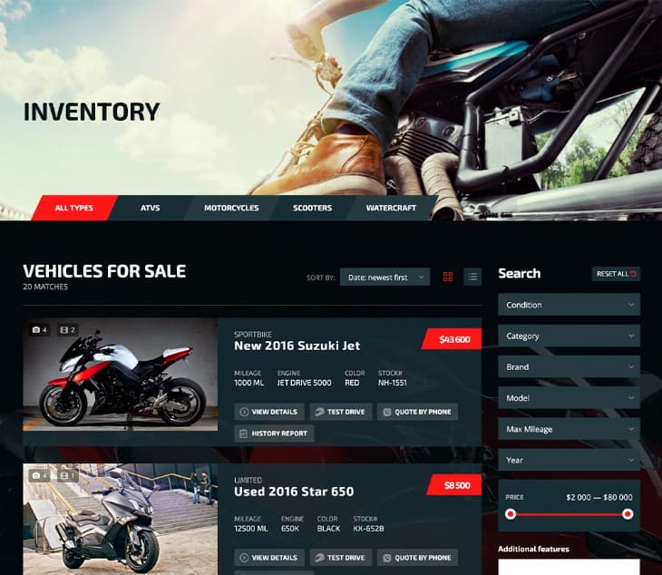 Motors - Car Dealer, Rental & Classifieds WordPress theme listing layouts