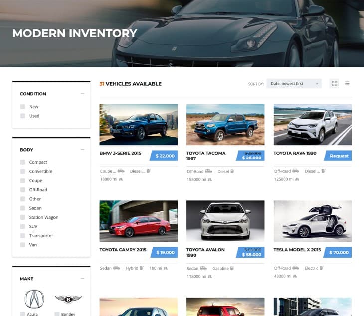 Motors - Car Dealer, Rental & Classifieds WordPress theme listing layouts